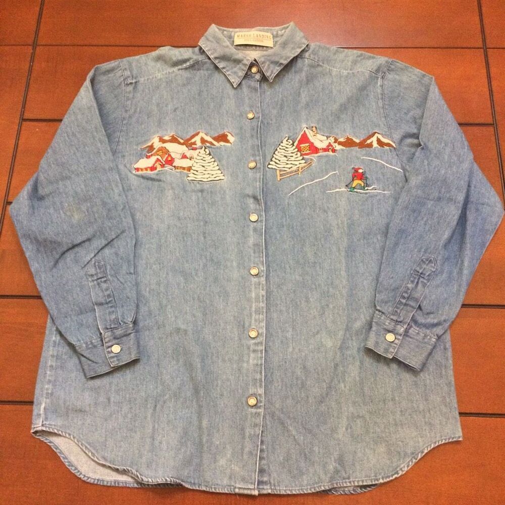 Vintage Marsh Landing Christmas winter Jean shirt embroidered medium 100% cotton